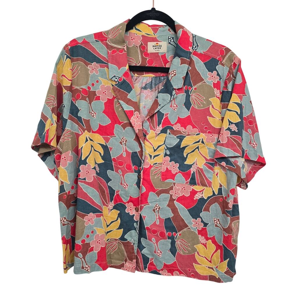 Marine Layer Button Front Shirt XL Floral Tropical Hemp Blend Casual Nautical